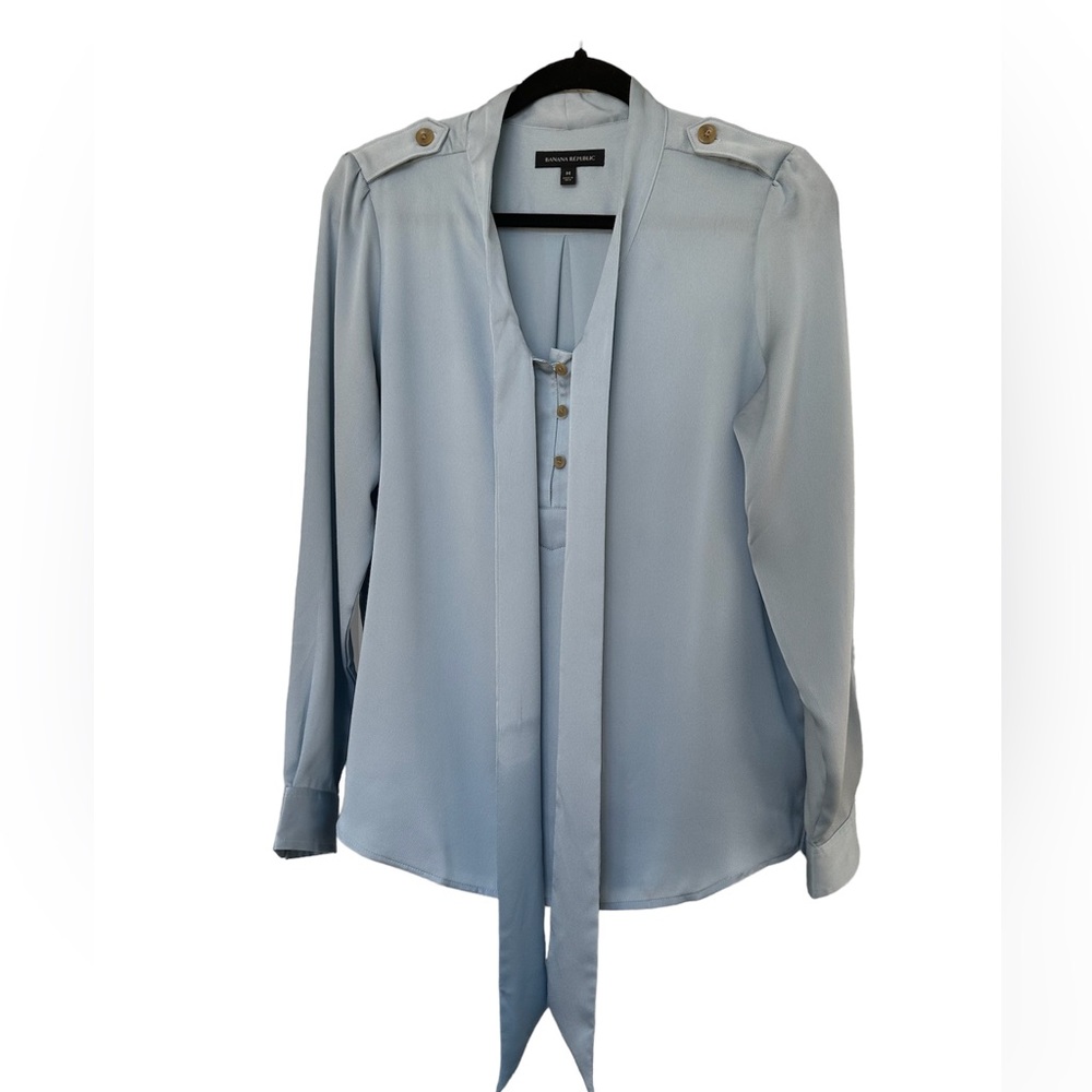 Banana Republic Long Sleeve half button front tie shirt in pale baby bl…